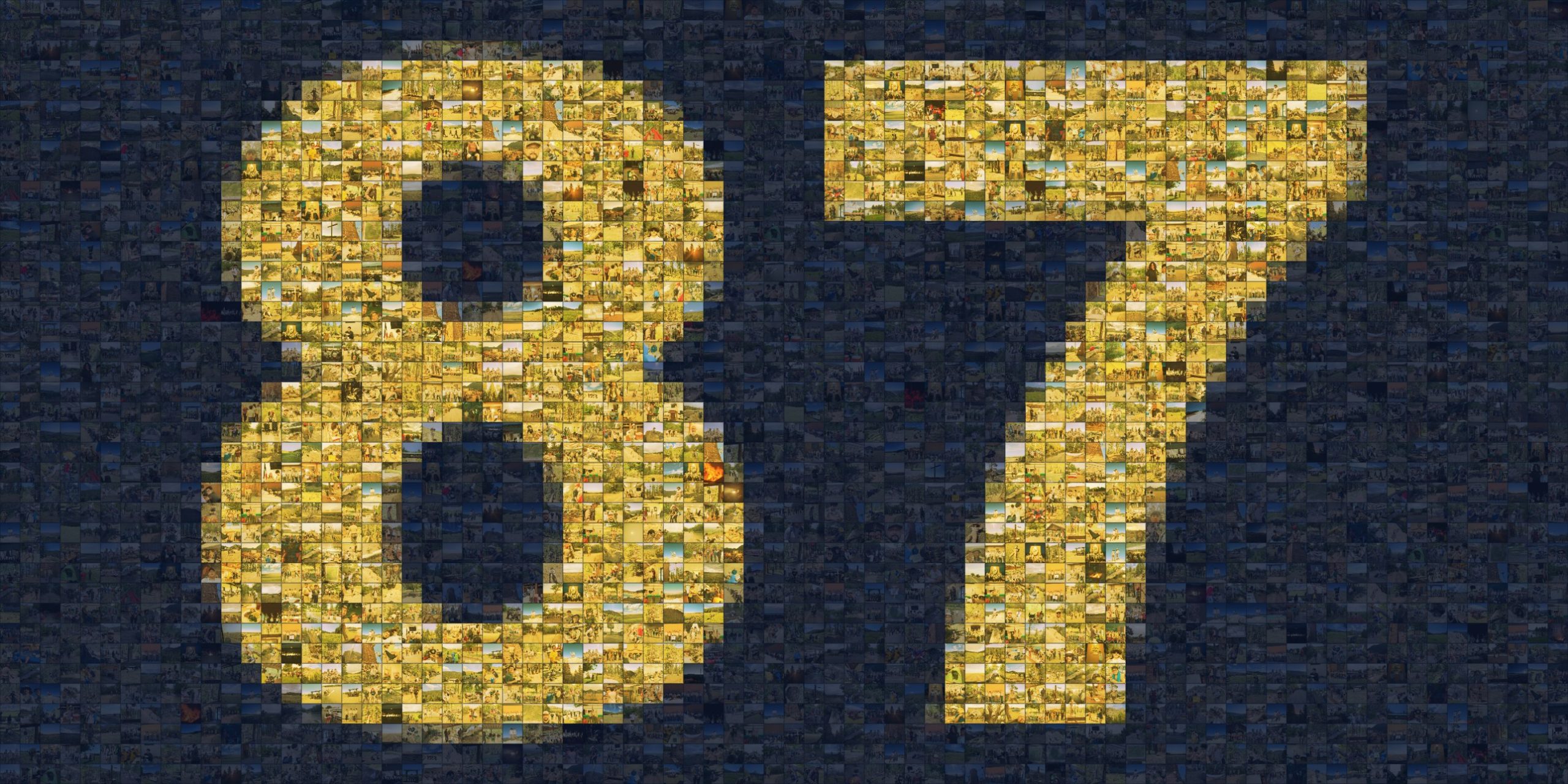 The number 87 made from a mosaic of 1352 Troop 87 photos, gold digits on a navy background
